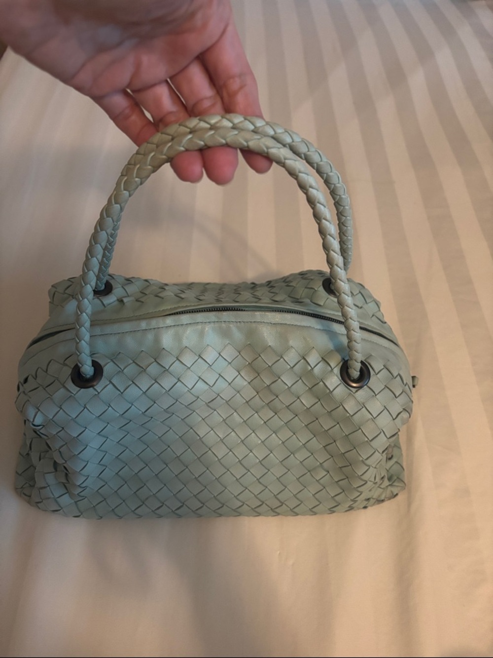 Bottega Veneta Light Sage Woven Leather Satchel